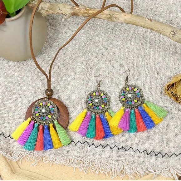 932 ❤️ 3 Pc Bohemian Ethnic Tassel Necklace Earring Jewelry Boho Set - Picture 3 of 8